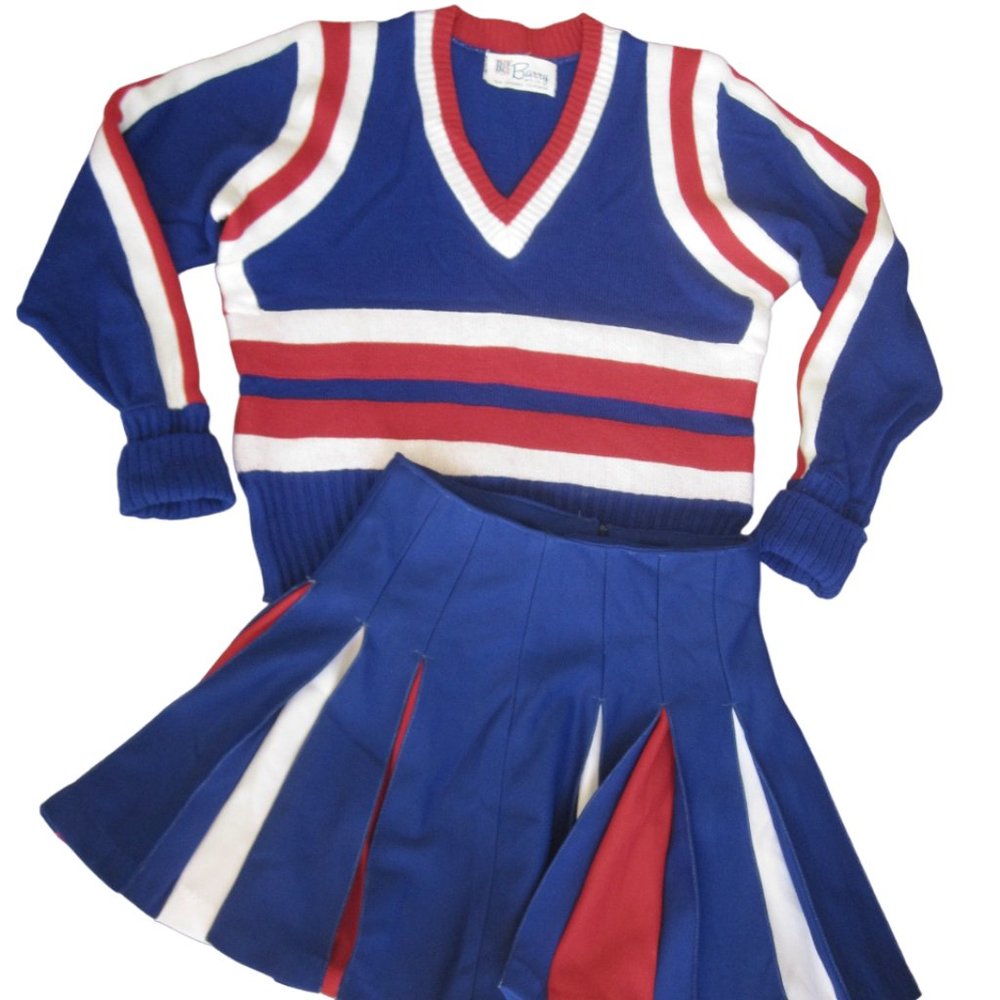VTG 80s Cheerleader Uniform Costume Top & Pleated Skirt Barry Mfg Red White Blue